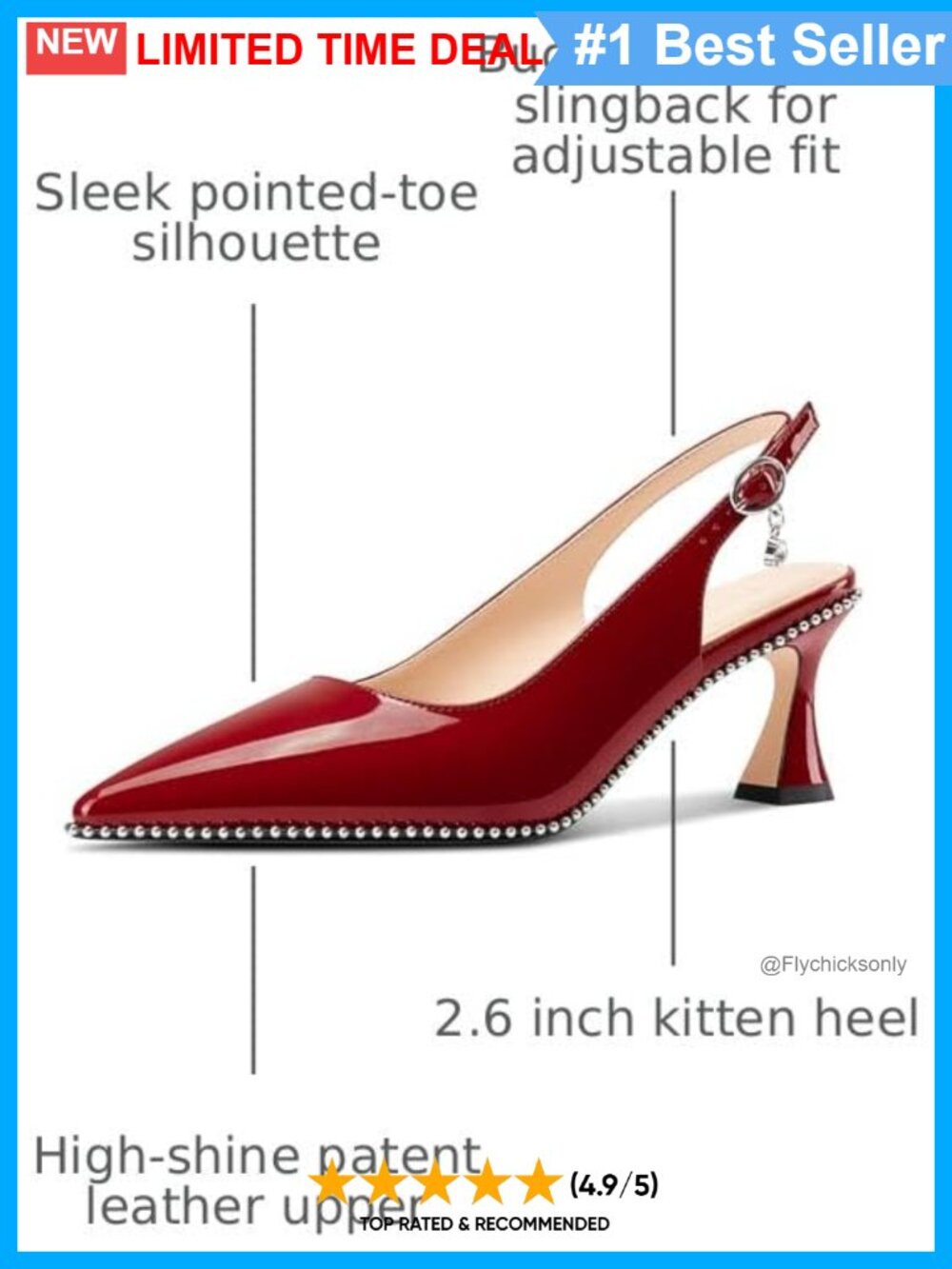 Womens Kitten Heel Pointed Toe Slingback Pumps Beaded Patent Leather 2.6 Inch - Picture 2 of 6